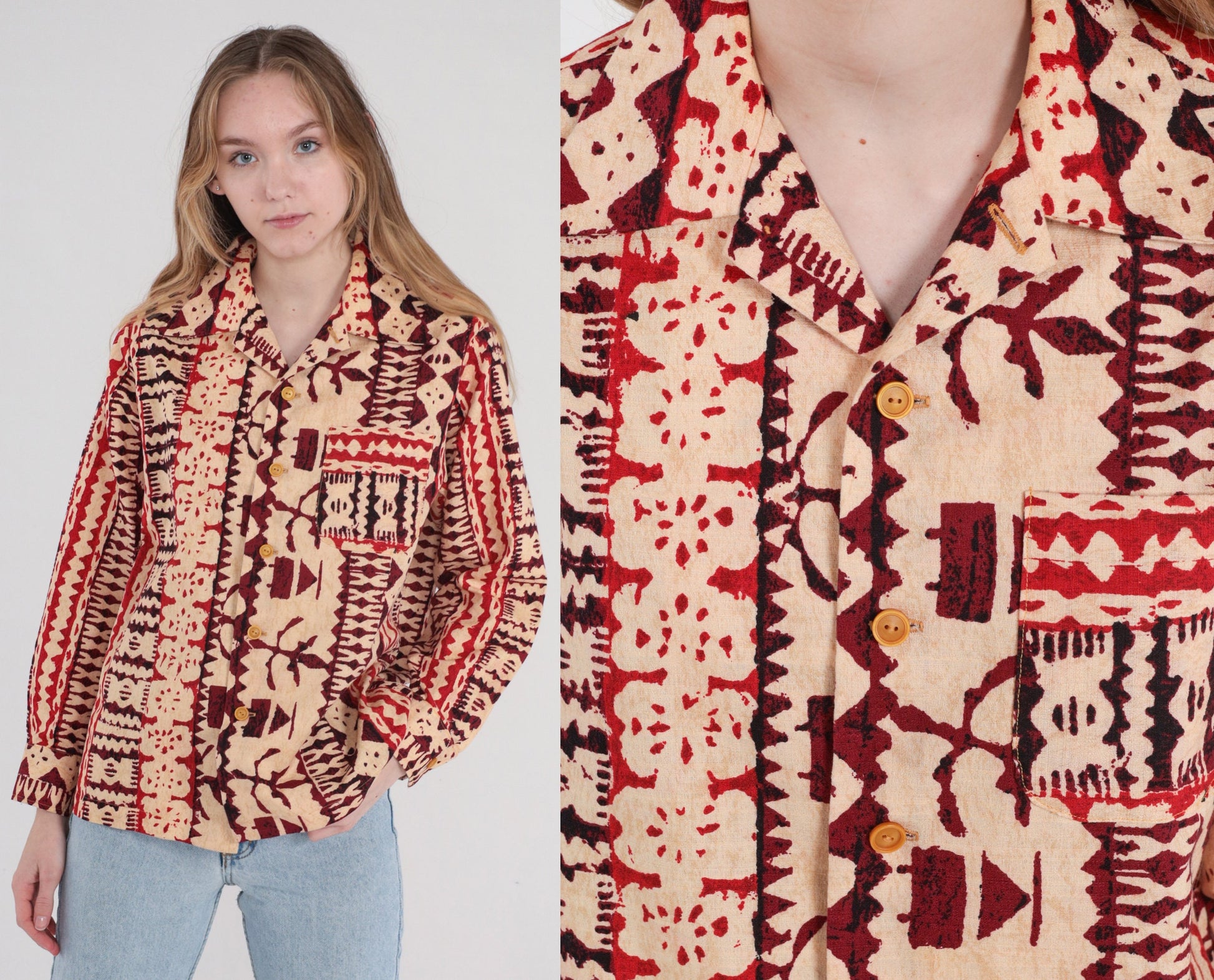 90s Batik Fish Stamp Print Button-Up Shirt Tan Red Long Sleeve Medium