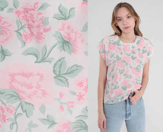 80s White Floral Blouse Cap Sleeve Peony Print Pink Green Medium