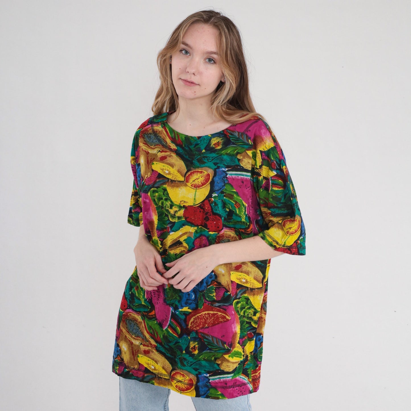 90s Fruit Print Cotton Tunic Blouse Watermelon Grape Colorful Short Sleeve Medium