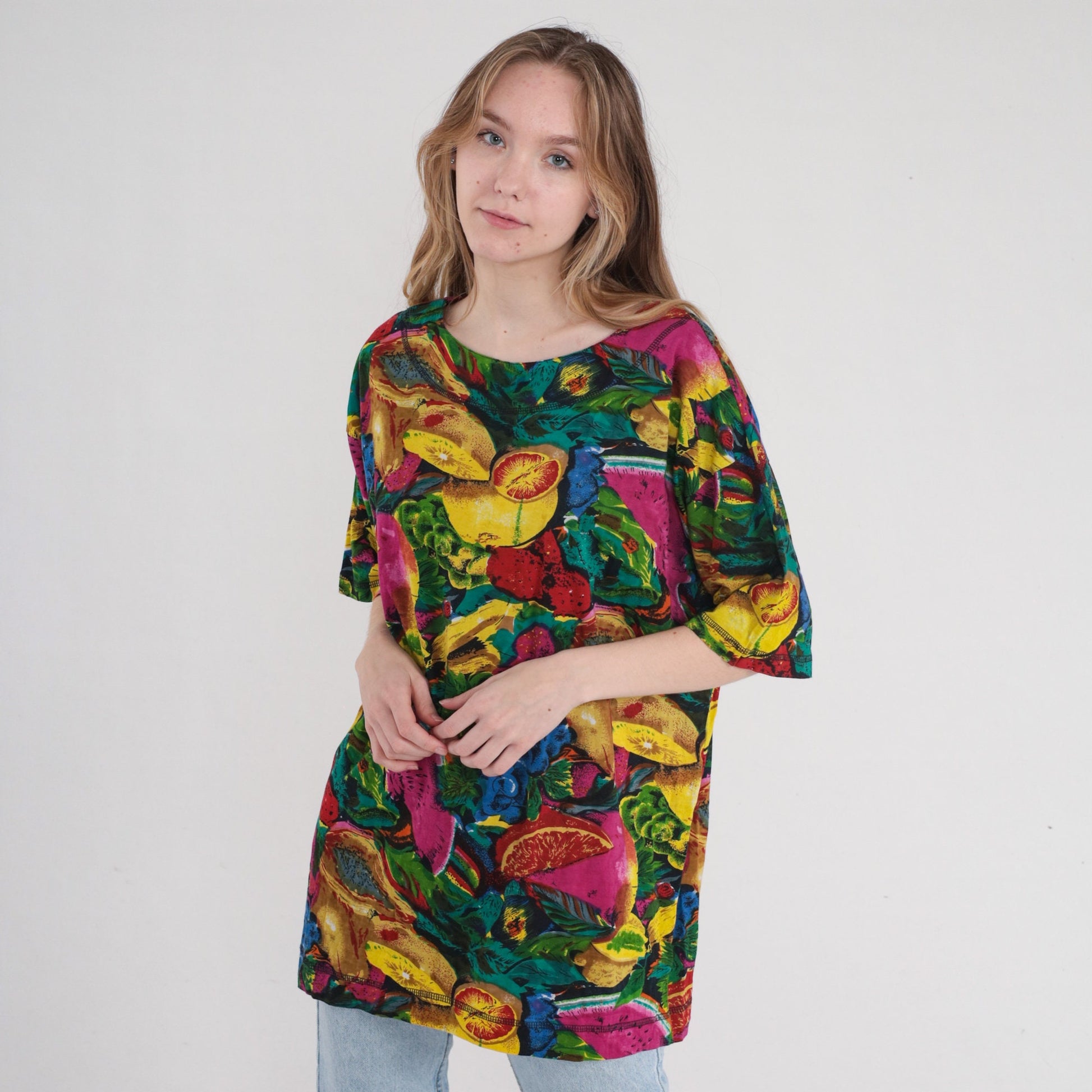 90s Fruit Print Cotton Tunic Blouse Watermelon Grape Colorful Short Sleeve Medium