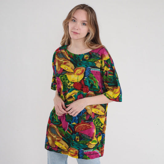 90s Fruit Print Cotton Tunic Blouse Watermelon Grape Colorful Short Sleeve Medium