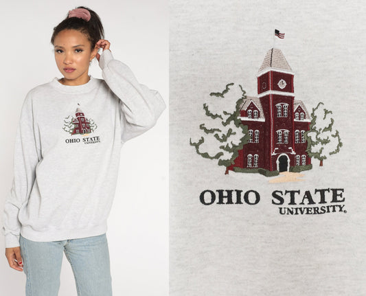 90s Ohio State University Embroidered Sweatshirt Heather Grey Crewneck Large