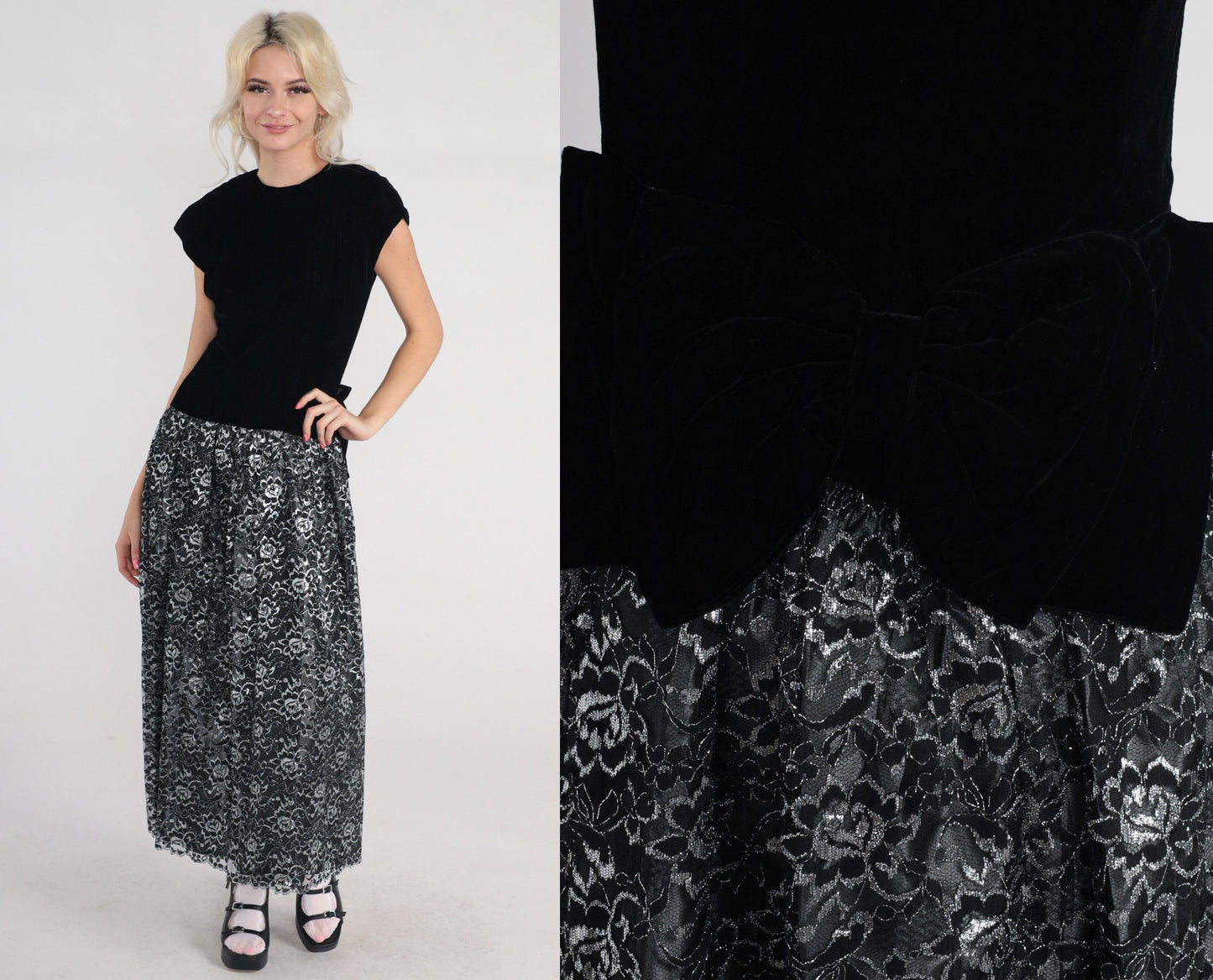 80s Black Velvet Metallic Floral Lace Maxi Dress Drop Waist Cap Sleeve Small