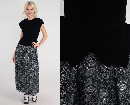 80s Black Velvet Metallic Floral Lace Maxi Dress Drop Waist Cap Sleeve Small