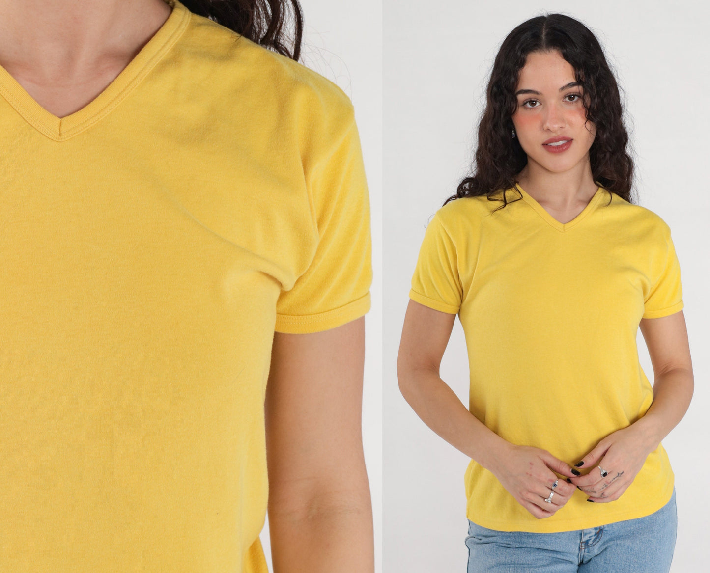 90s Yellow V-Neck T-Shirt Plain Cotton Blend Tee Small S