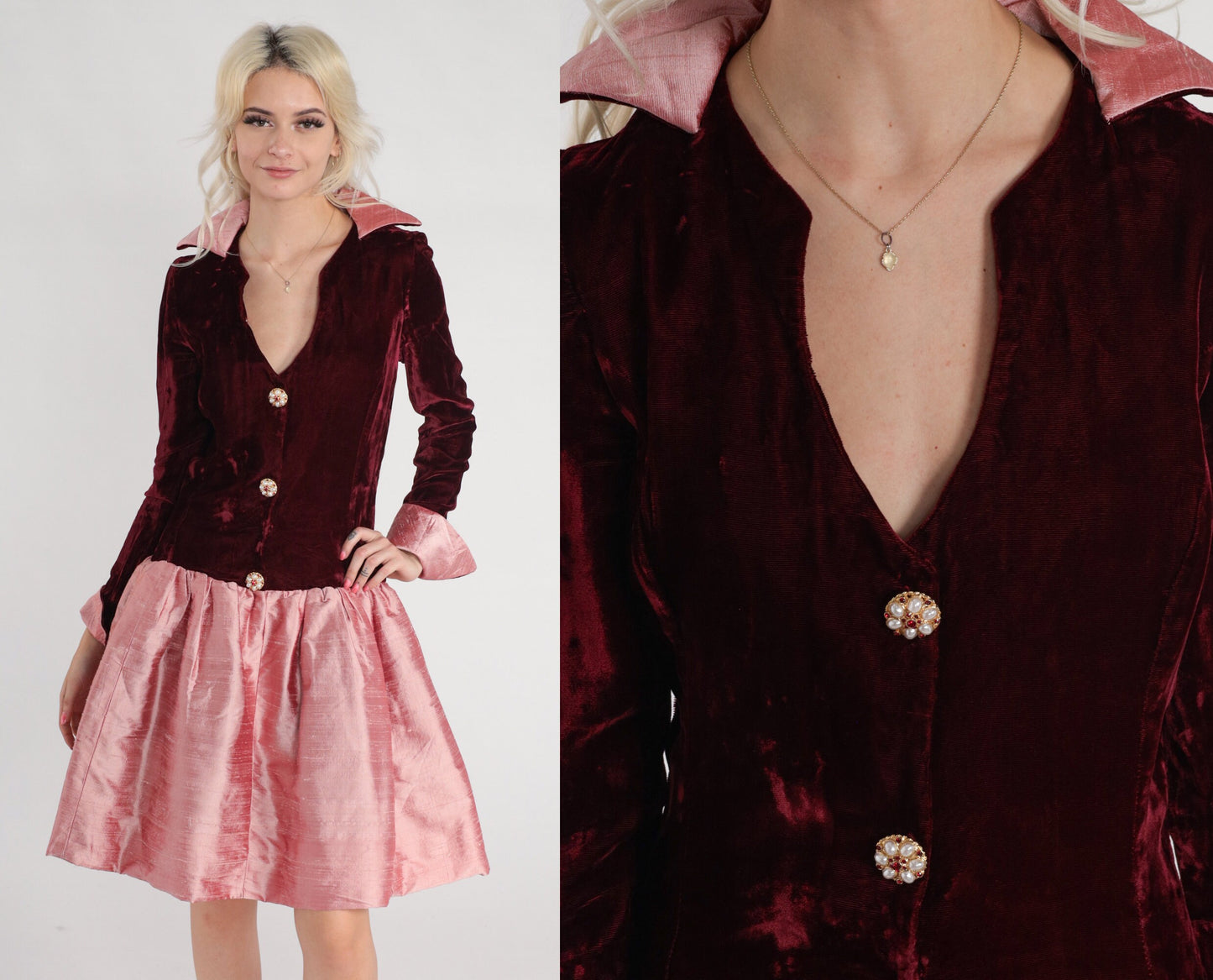 60s Red Velvet Pink Mini Dress Drop Waist Collared Long Sleeve Small S