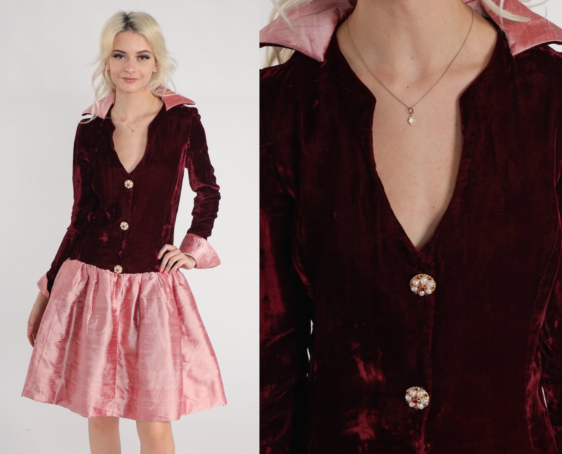 60s Red Velvet Pink Mini Dress Drop Waist Collared Long Sleeve Small S