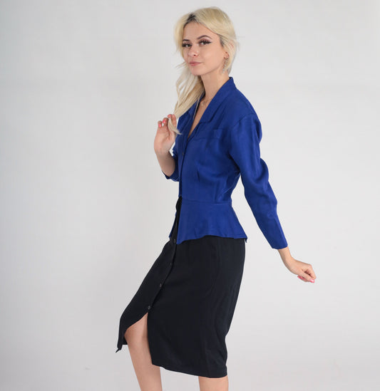 90s Carol Anderson Peplum Midi Dress Blue Black Button-Up Long Sleeve XS