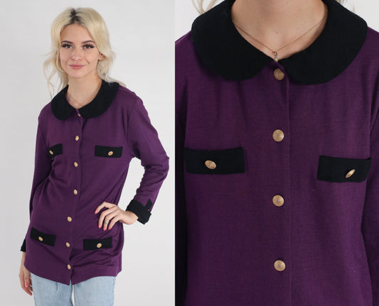 90s Talbots Purple Wool Blazer Black Trim Gold Buttons Medium M