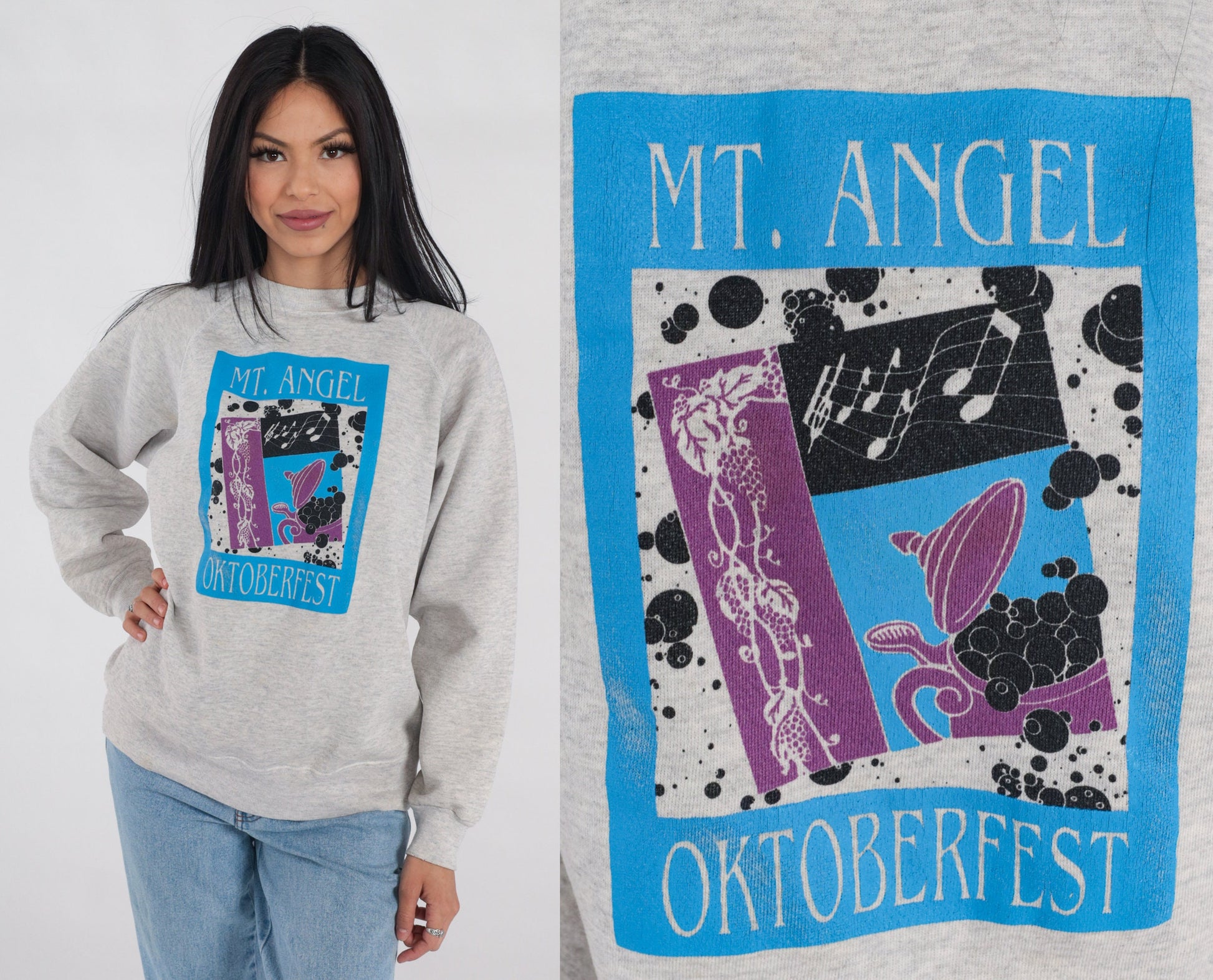 90s Mt. Angel Oktoberfest Oregon Raglan Sweatshirt Heather Grey Graphic Large