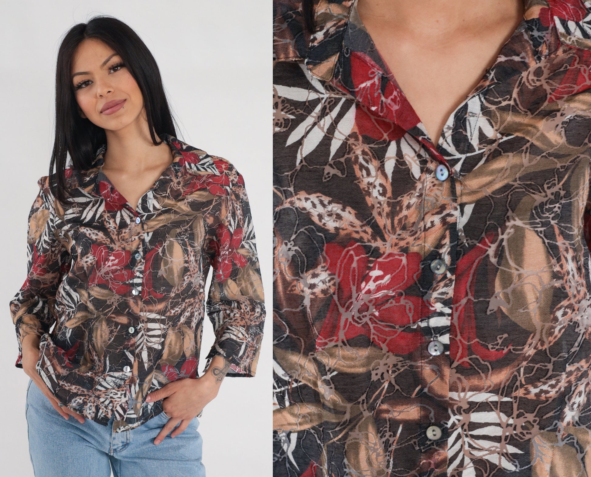 Y2K Abstract Floral Leopard Leaf Print Button-Up Blouse 3/4 Sleeve Grey Red Brown Large L