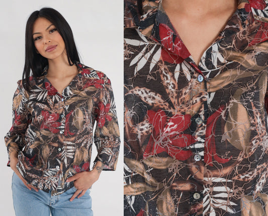 Y2K Abstract Floral Leopard Leaf Print Button-Up Blouse 3/4 Sleeve Grey Red Brown Large L