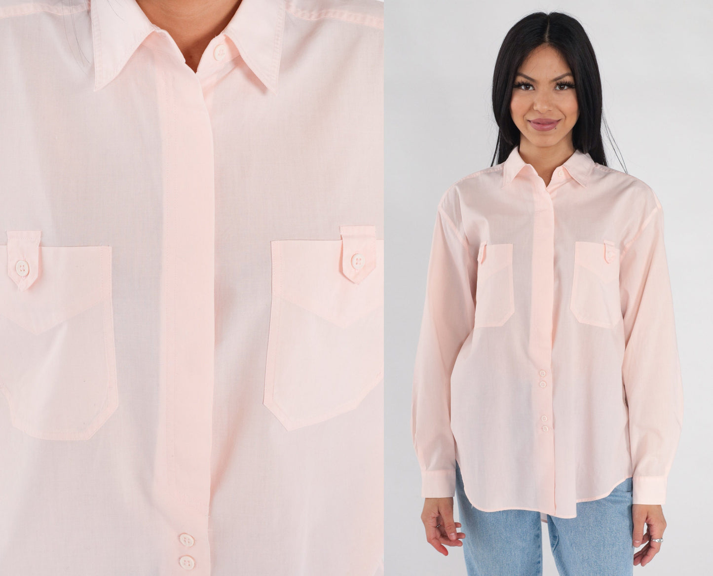 90s Baby Pink Semi-Sheer Button-Up Blouse Collared Long Sleeve Medium