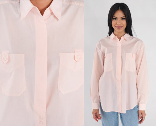 90s Baby Pink Semi-Sheer Button-Up Blouse Collared Long Sleeve Medium
