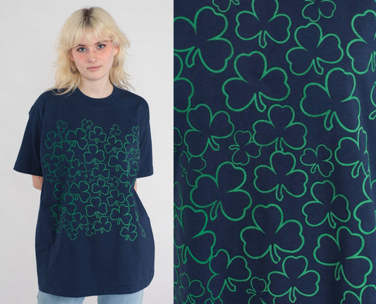 90s Clover Graphic T-Shirt Navy Blue Single Stitch Fruit of the Loom Extra Large XL