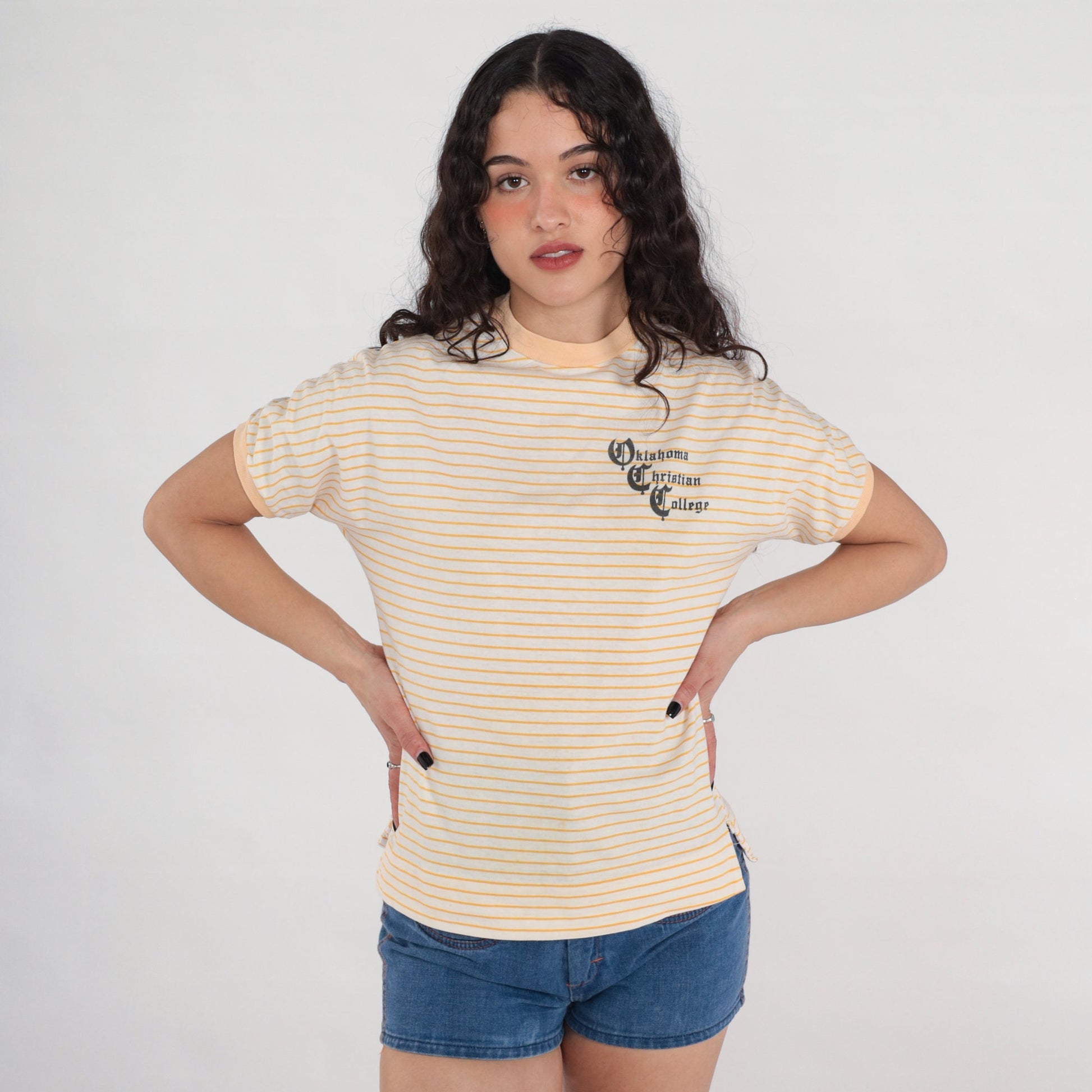 80s Oklahoma Christian College Ringer Tee White Yellow Striped Graphic Small