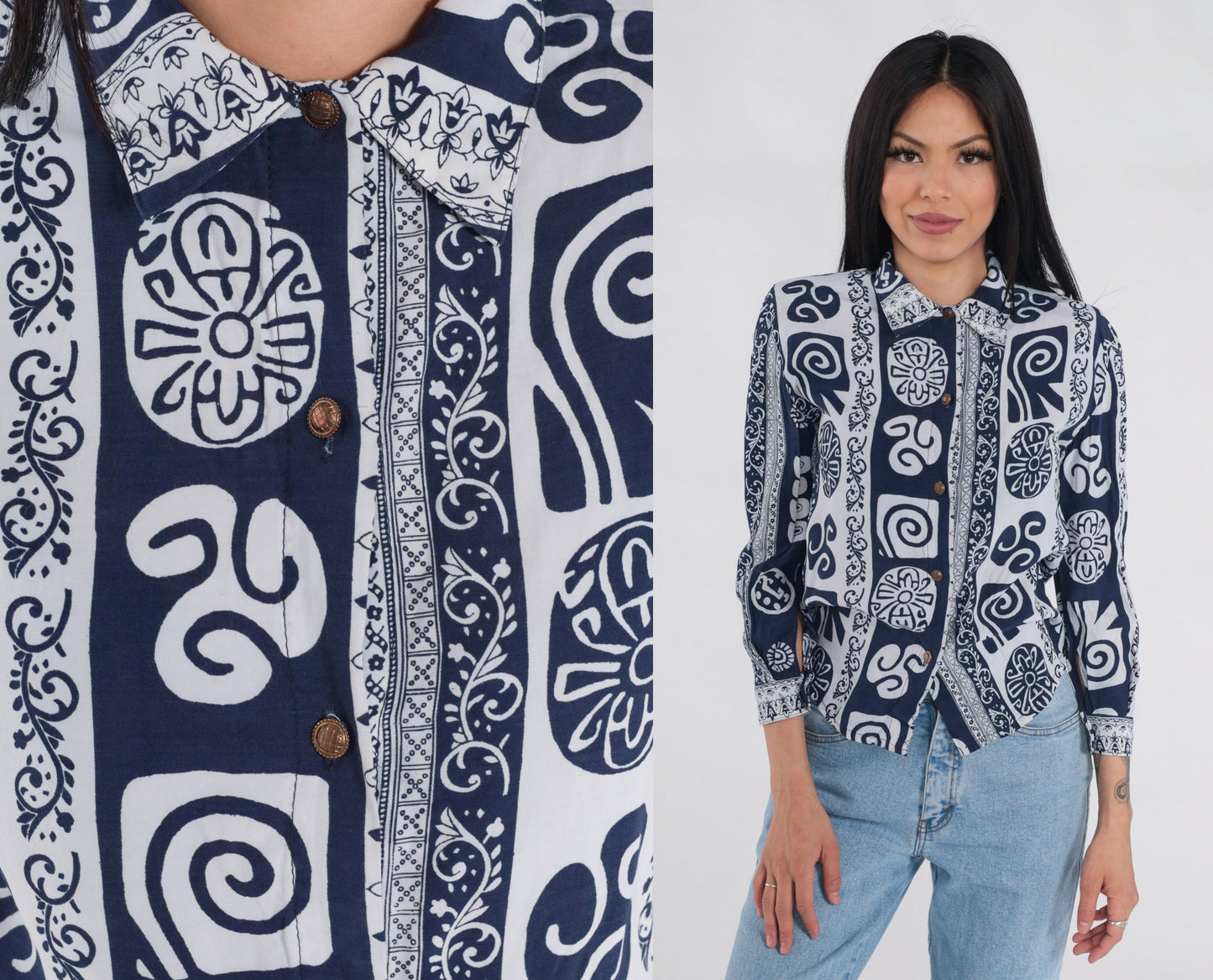 90s Abstract Print Button-Up Blouse Navy White Long Sleeve XS
