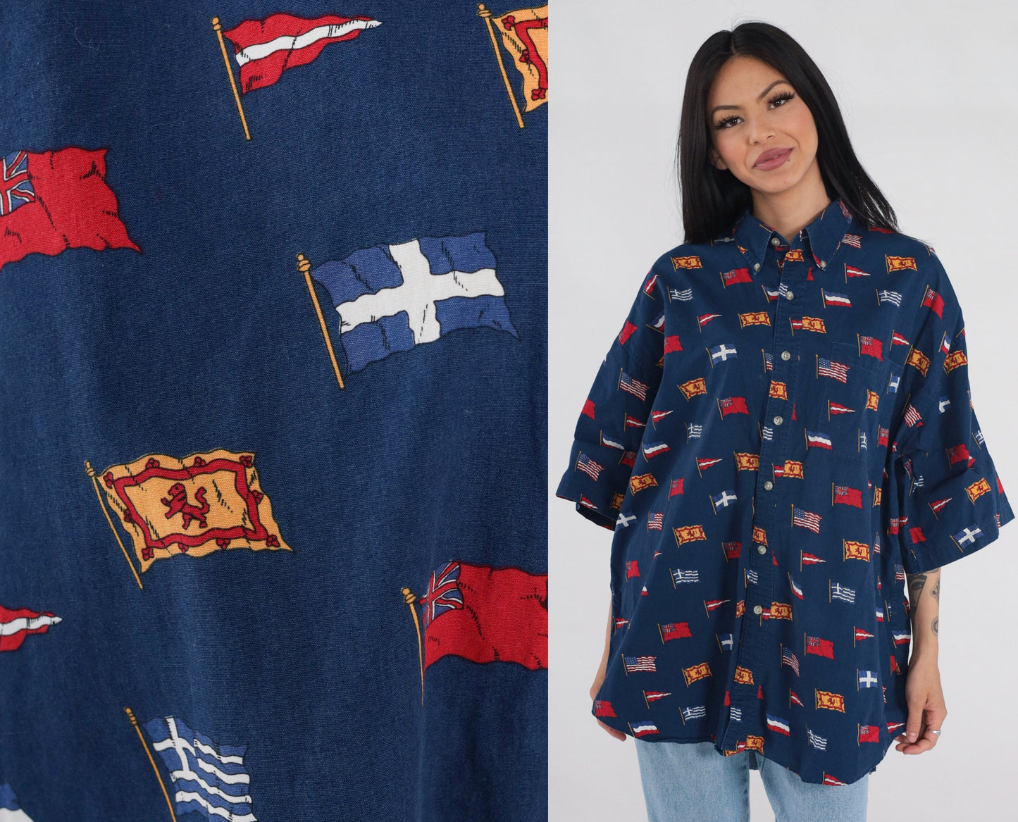 90s International Flag Print Button Up Shirt Navy Cotton Men's Extra Large XL