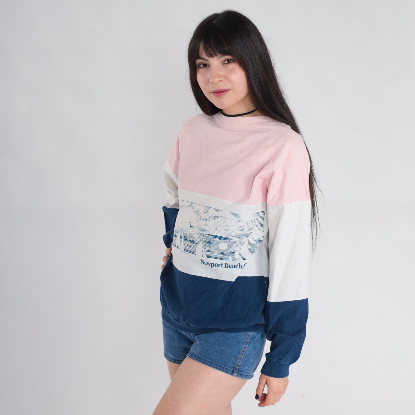 80s Newport Beach Sailboat Sweatshirt Pink White Blue Striped Raglan Medium