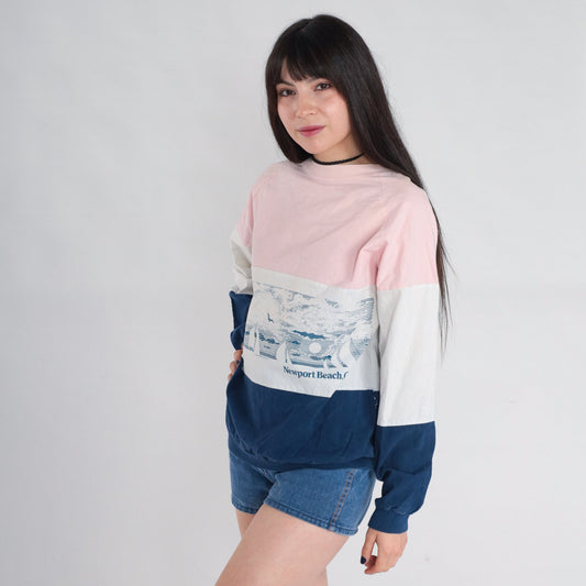 80s Newport Beach Sailboat Sweatshirt Pink White Blue Striped Raglan Medium