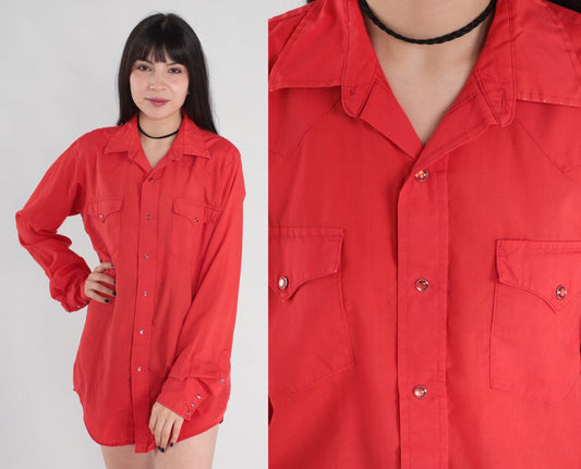80s Carman Red Pearl Snap Western Shirt Long Sleeve Medium