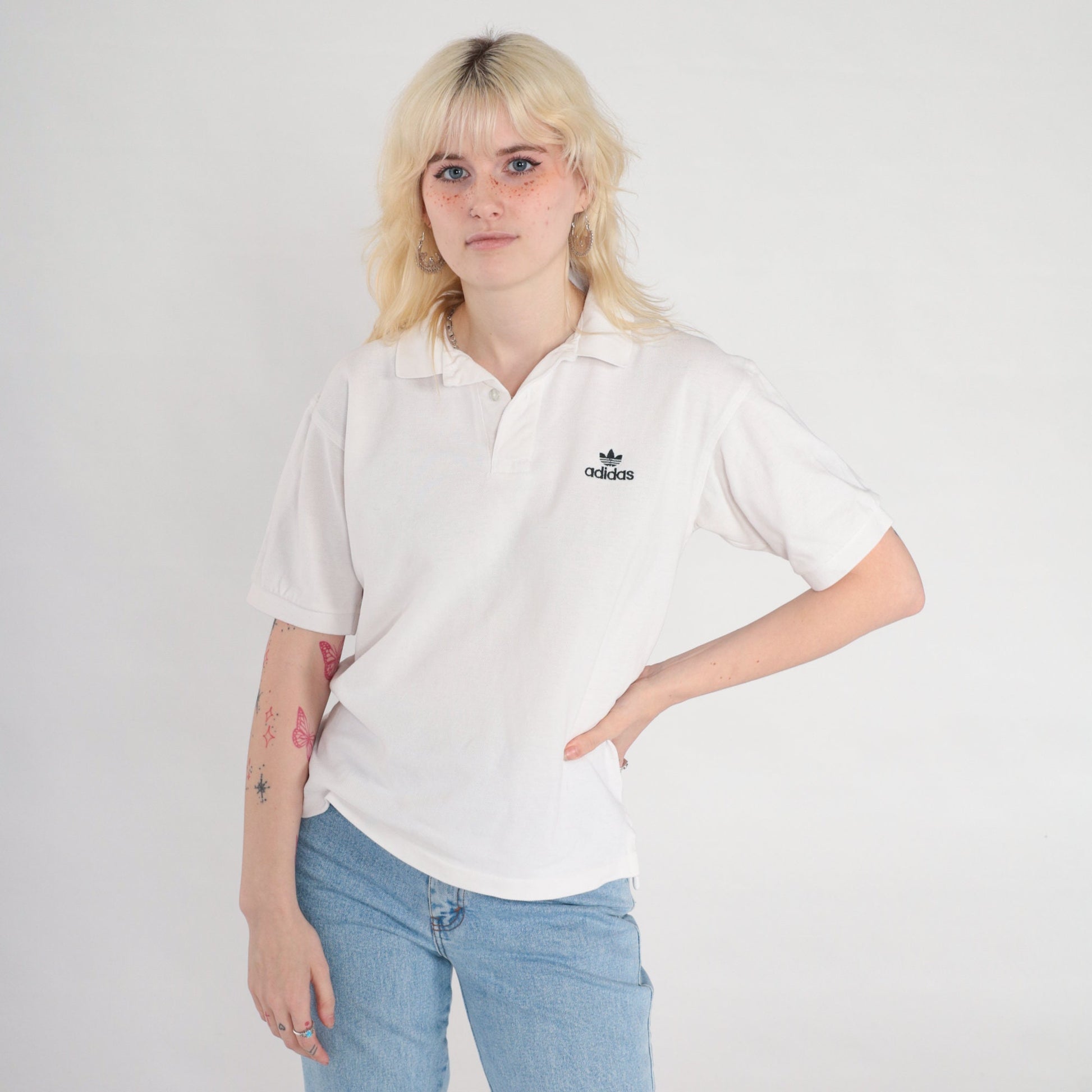 Adidas Polo Shirt 00s White Quarter Button Collared Short Sleeve Men's Small