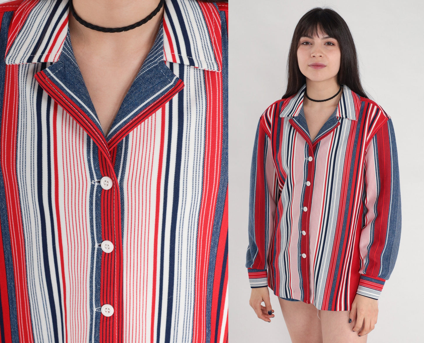 70s Red White Blue Striped Button Up Blouse Notched Collar Long Sleeve Medium Large