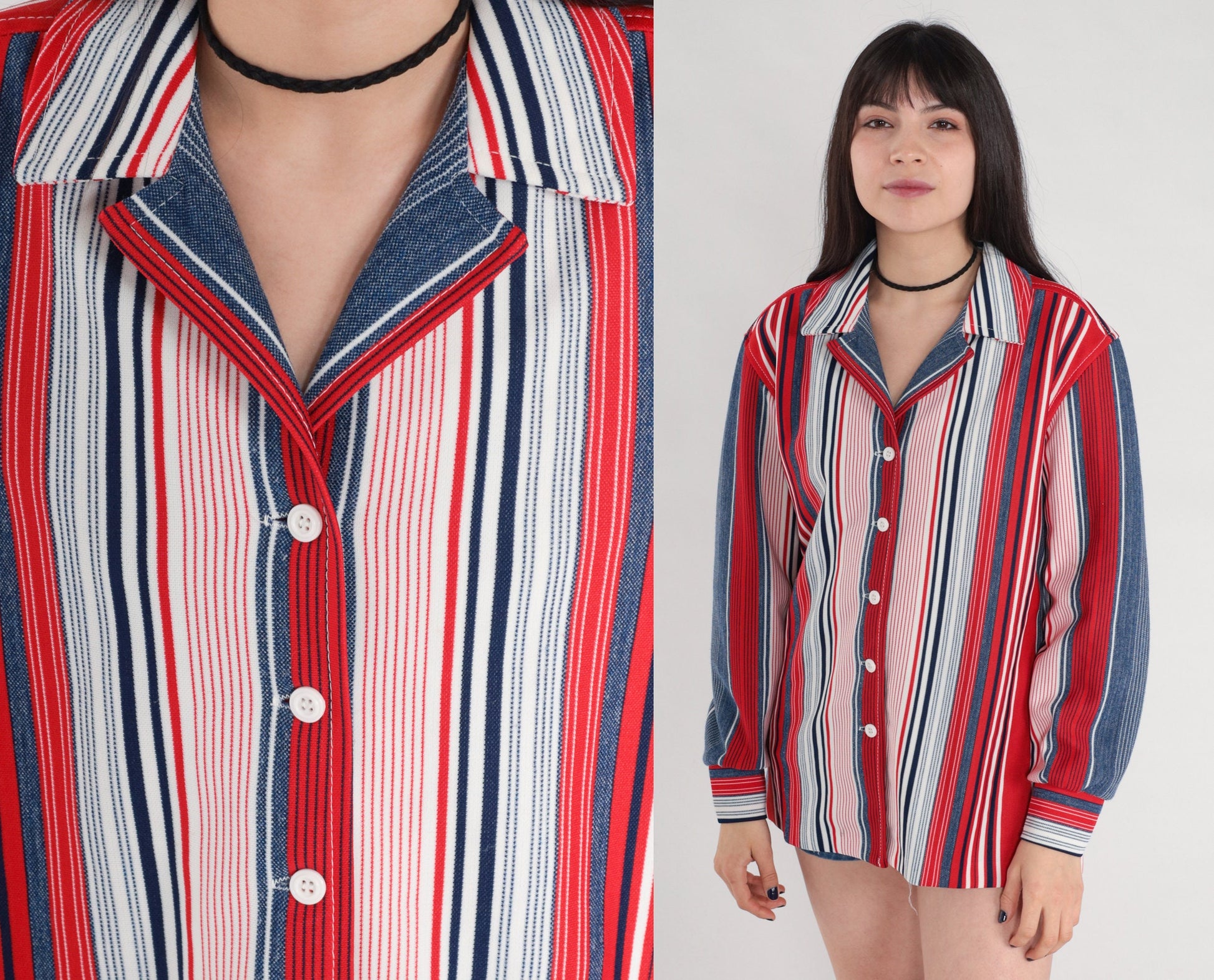 70s Red White Blue Striped Button Up Blouse Notched Collar Long Sleeve Medium Large