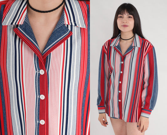70s Red White Blue Striped Button Up Blouse Notched Collar Long Sleeve Medium Large