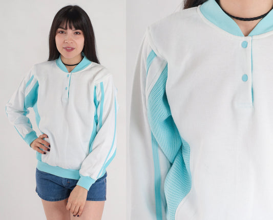 80s White Henley Sweatshirt Blue Mesh Panels Crewneck Small