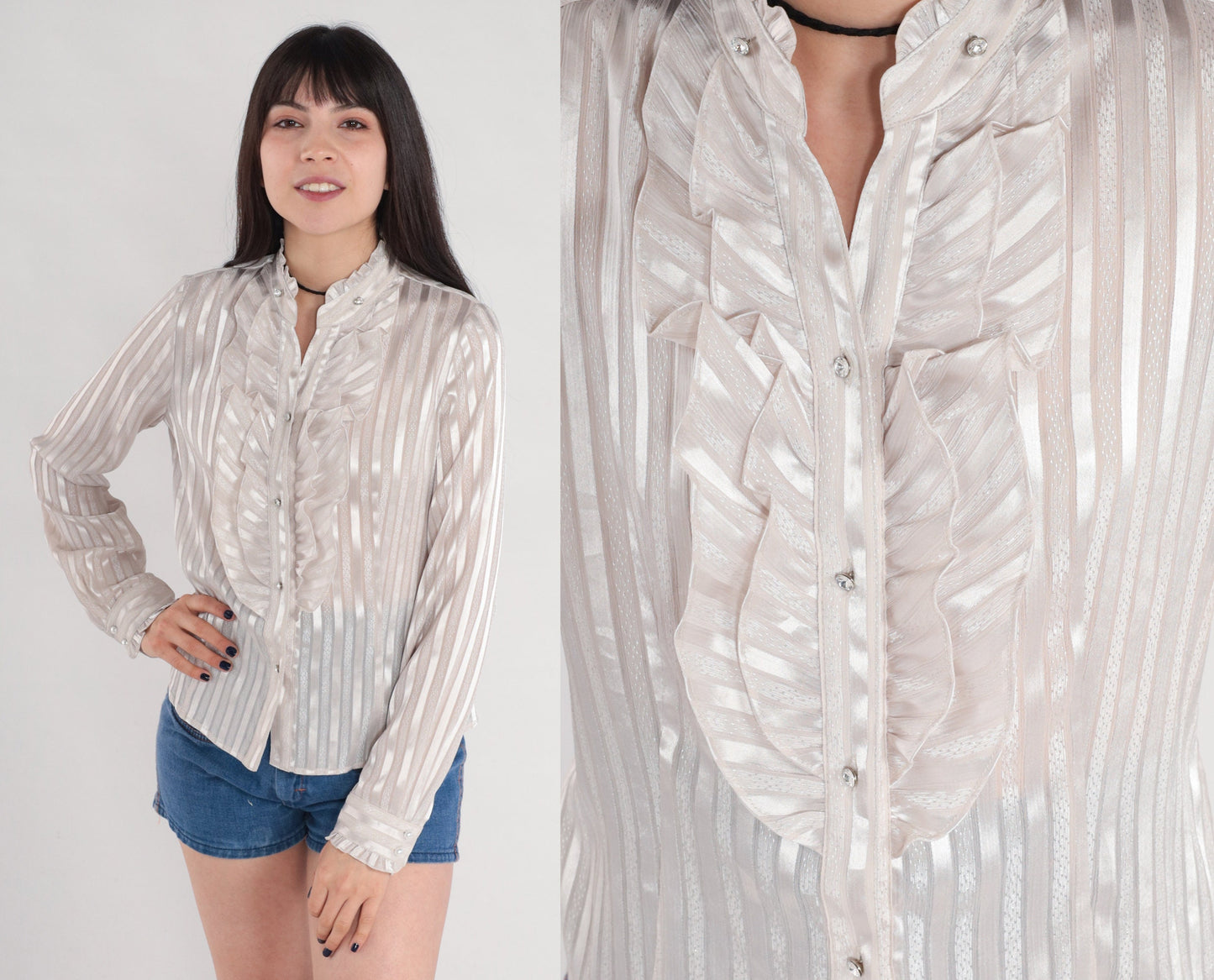 Y2K White Striped Tuxedo Ruffle Blouse Rhinestone Buttons High Neck Medium