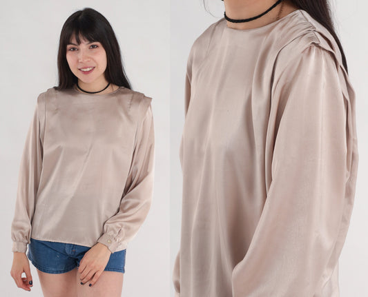 80s Champagne Pleated Blouse Long Sleeve Button Back Shiny Top Small