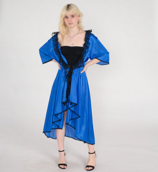 80s Frederick's of Hollywood Blue Lace Lingerie Robe High Low Hem Medium