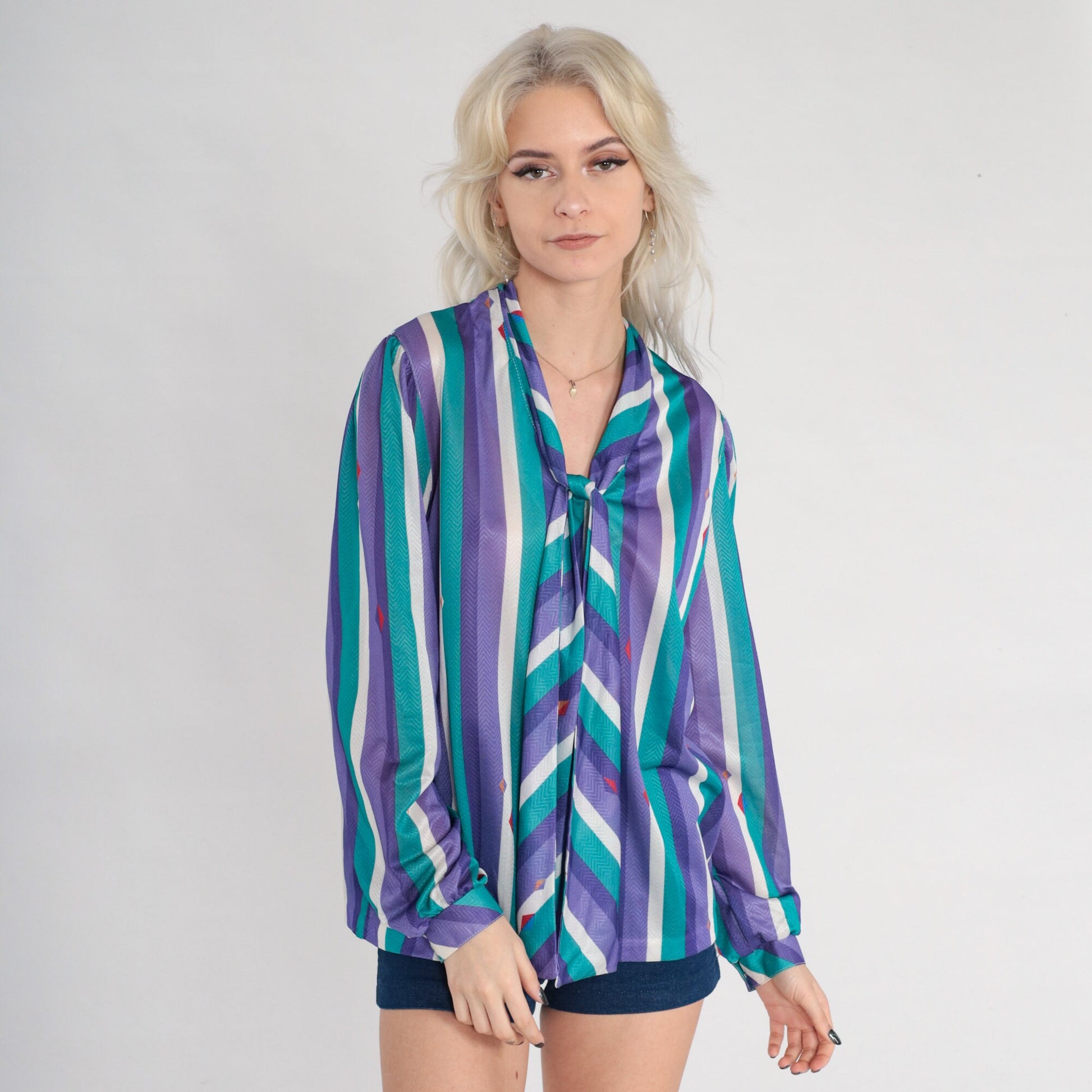70s Striped Necktie Blouse Purple Green White Diamond Print Button Up Medium
