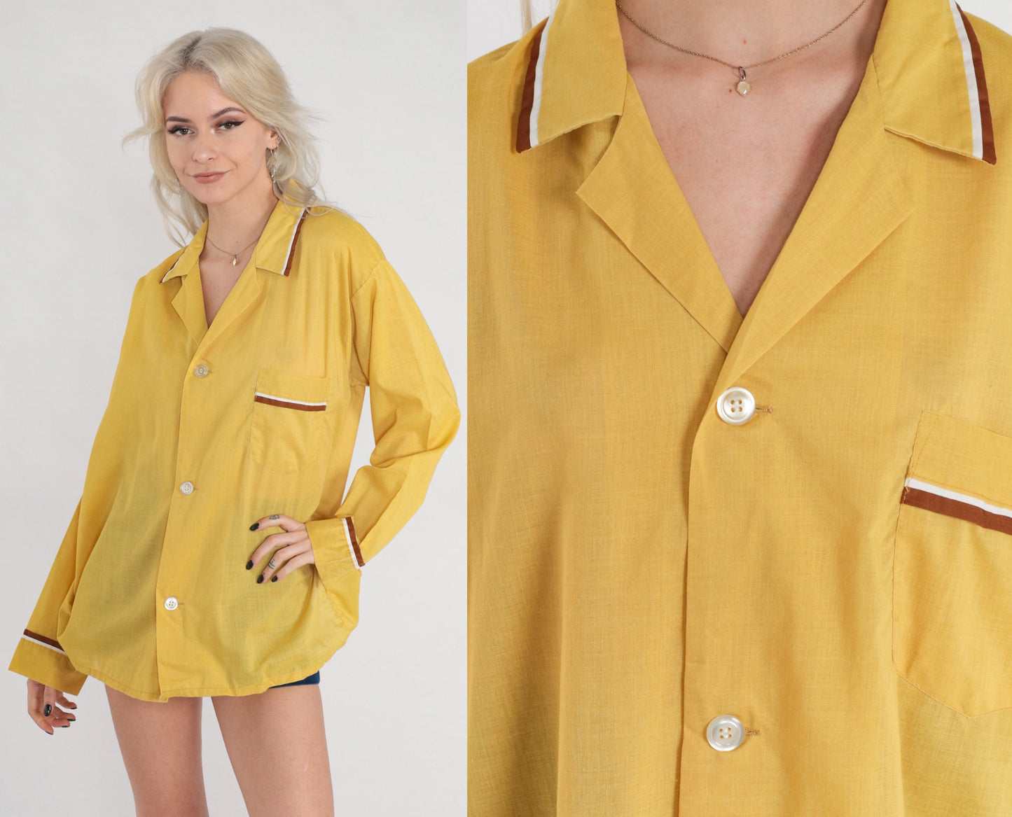 70s Selkirk Mustard Yellow Pajama Shirt Button-Up Long Sleeve Large