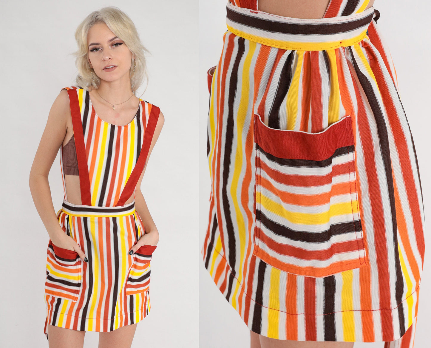 70s Striped Apron Dress Open Back Pinafore Mini XS Multicolor