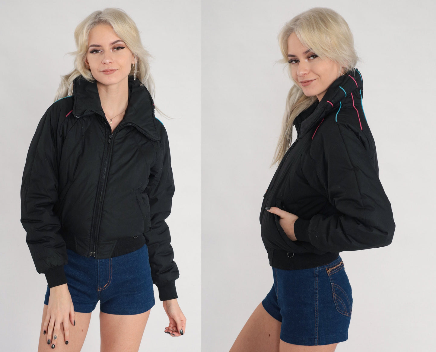 70s Black Puffer Ski Jacket Pink Blue Piping Zip Bomber Extra Small