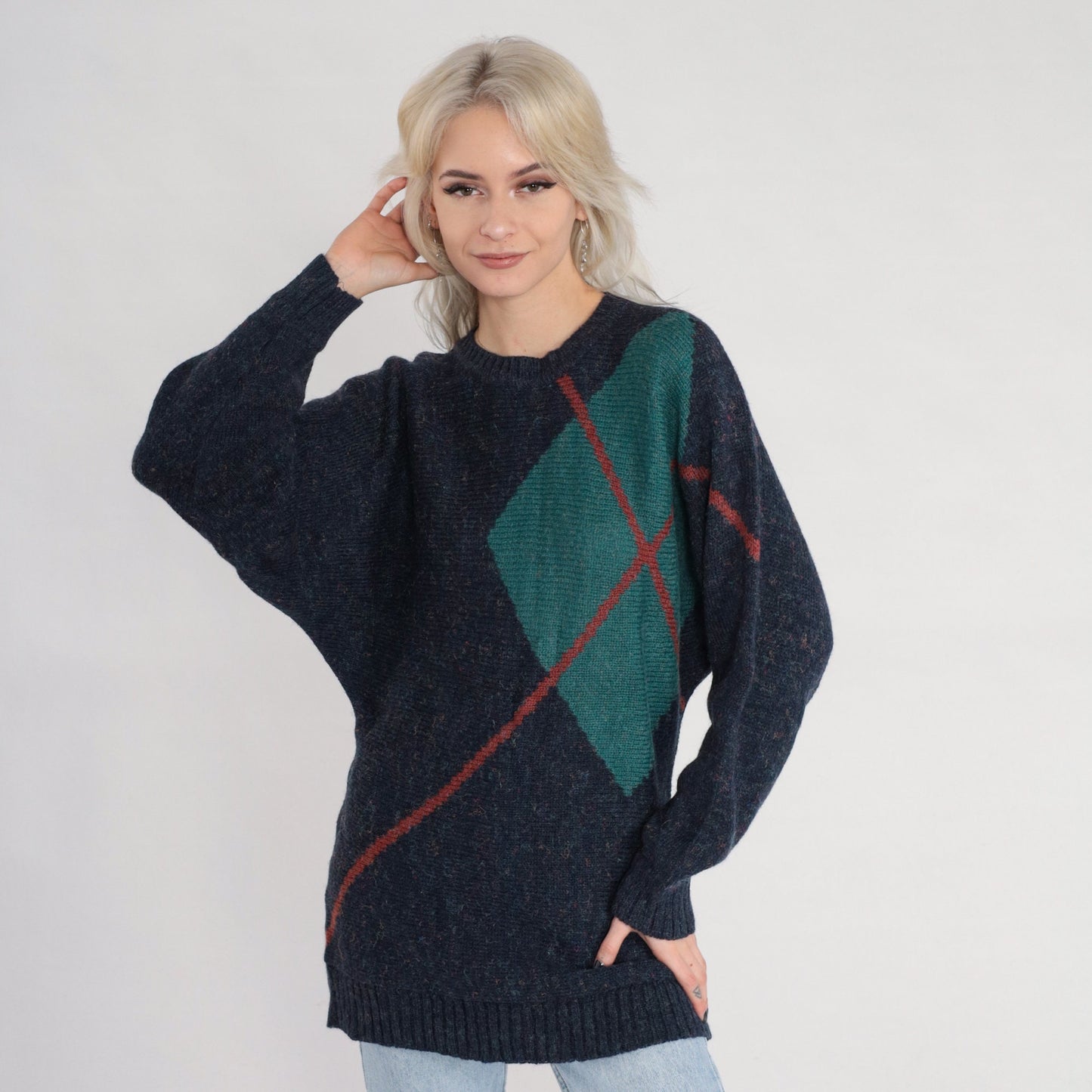 80s Navy Argyle Diamond Knit Crewneck Pullover Sweater Small S