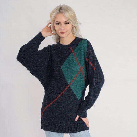 80s Navy Argyle Diamond Knit Crewneck Pullover Sweater Small S