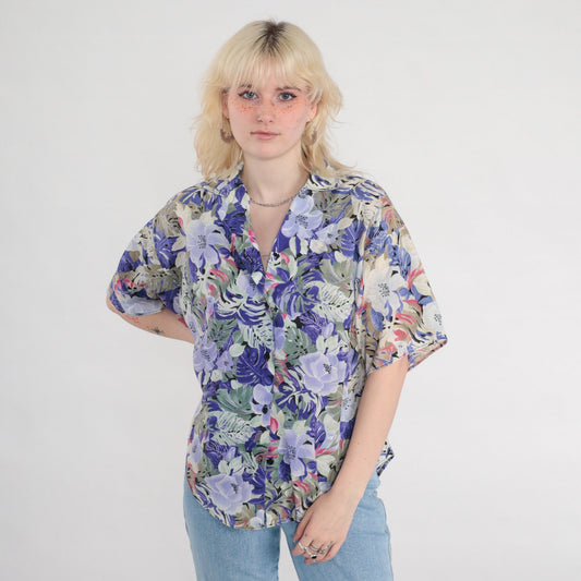 80s Floral Button Up Blouse Purple Green Short Sleeve Tropical Print Medium