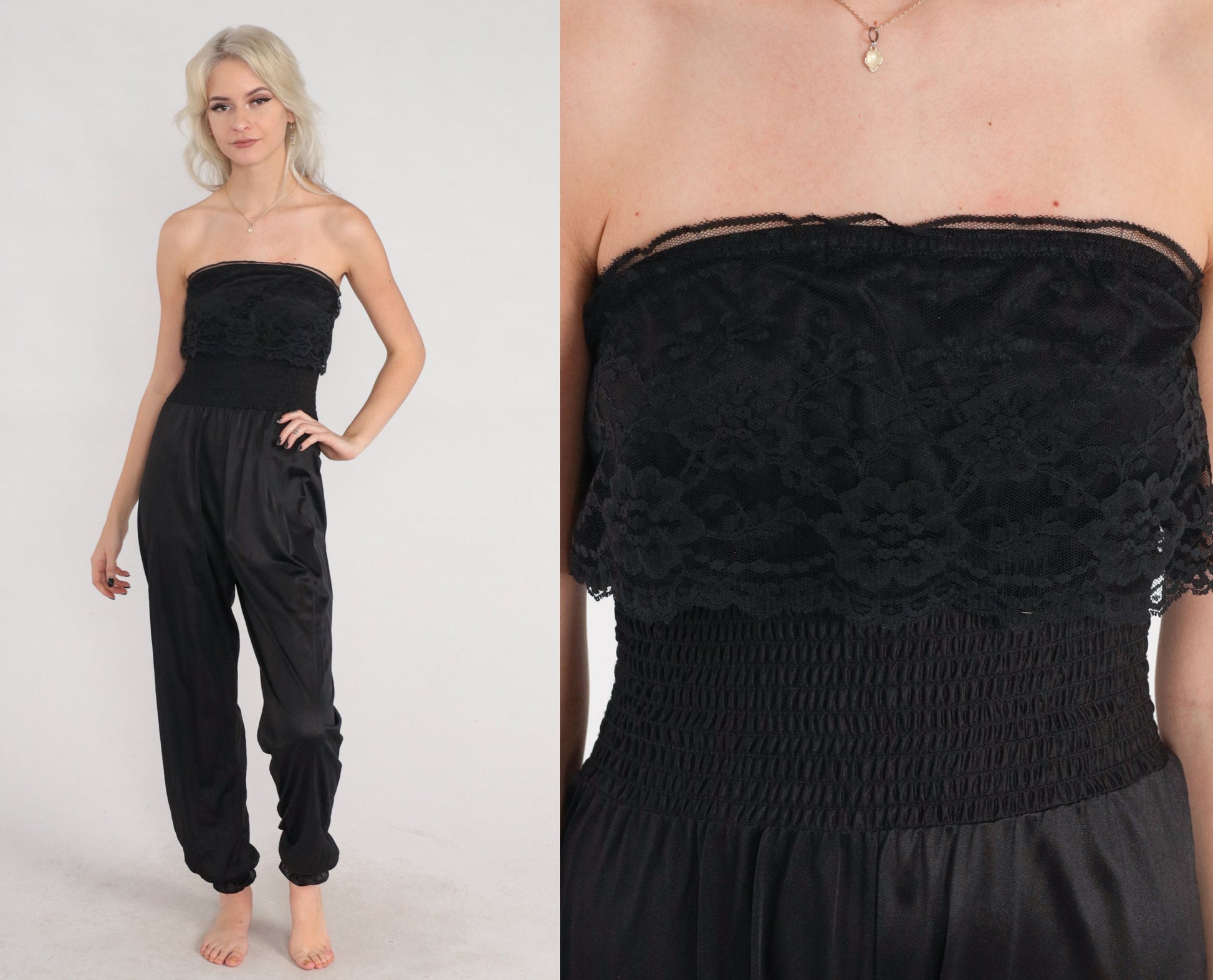 80s Black Strapless Lingerie Jumpsuit Lace Trim High Waist Nylon Medium Large