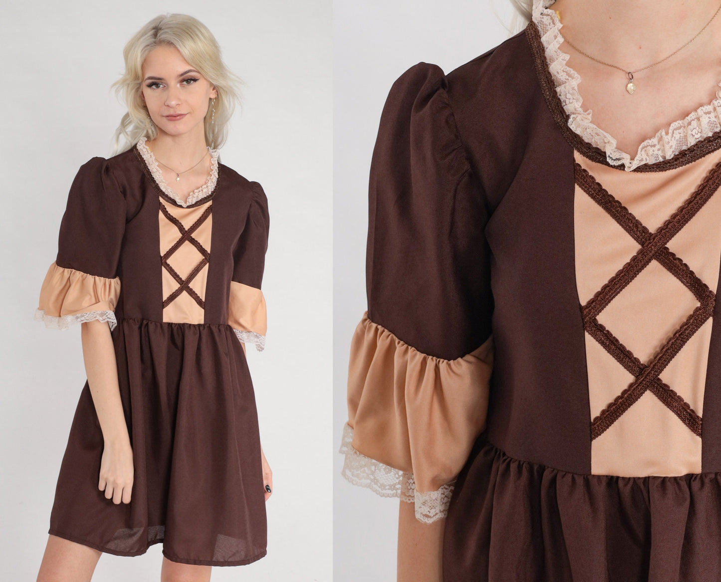 Y2K Brown Cotton Mini Dress Puff Sleeve Lace-Up Chest Extra Small