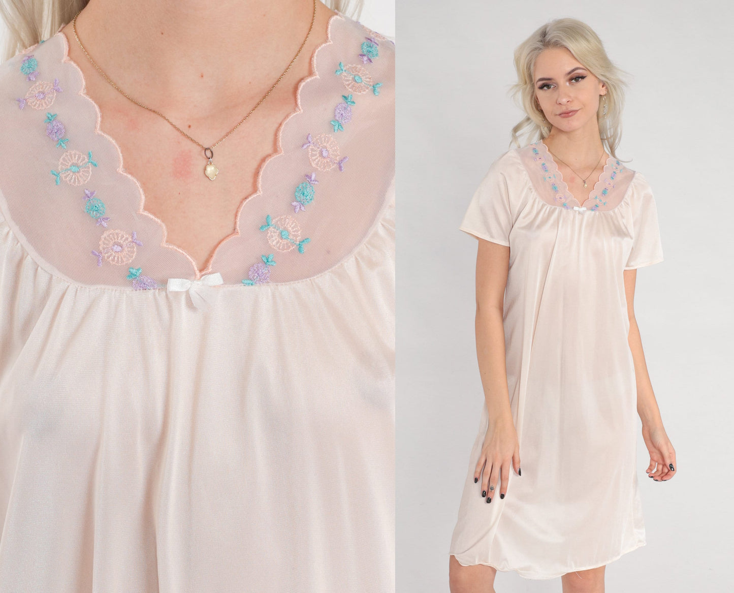 00s Pink Nightgown Floral Embroidered Mesh Trim Mini Nylon Nightie Small