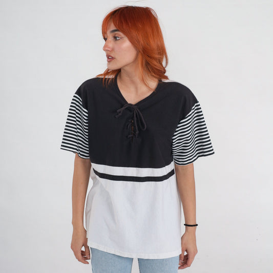 90s Black White Striped T-Shirt Lace-Up Corset Neckline Extra Large