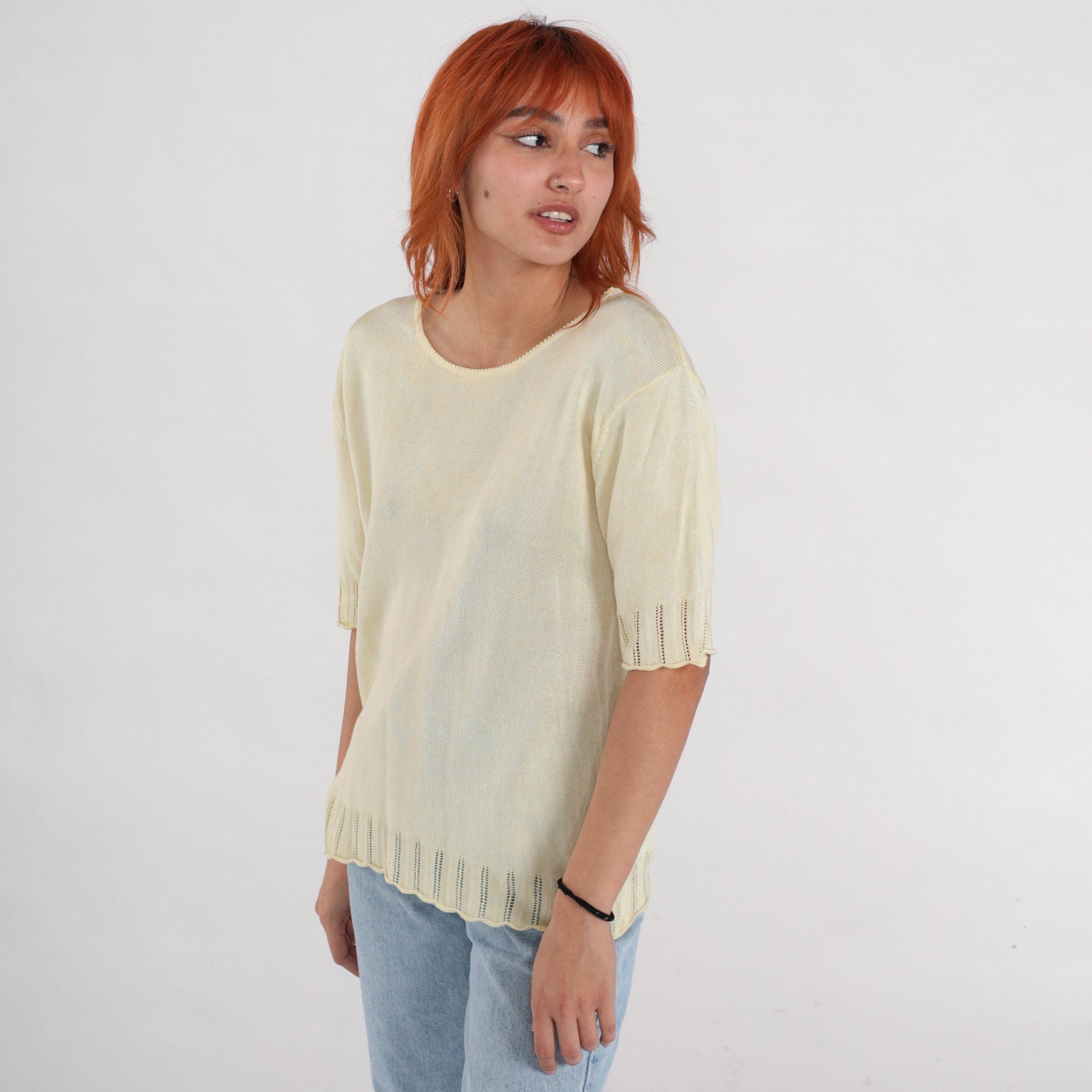 90s Pale Yellow Knit Cutout Blouse Short Sleeve Medium