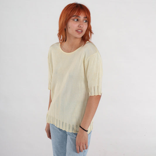 90s Pale Yellow Knit Cutout Blouse Short Sleeve Medium