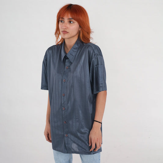 90s Positano Shiny Blue Striped Button-Up Shirt Short Sleeve Men's Large L