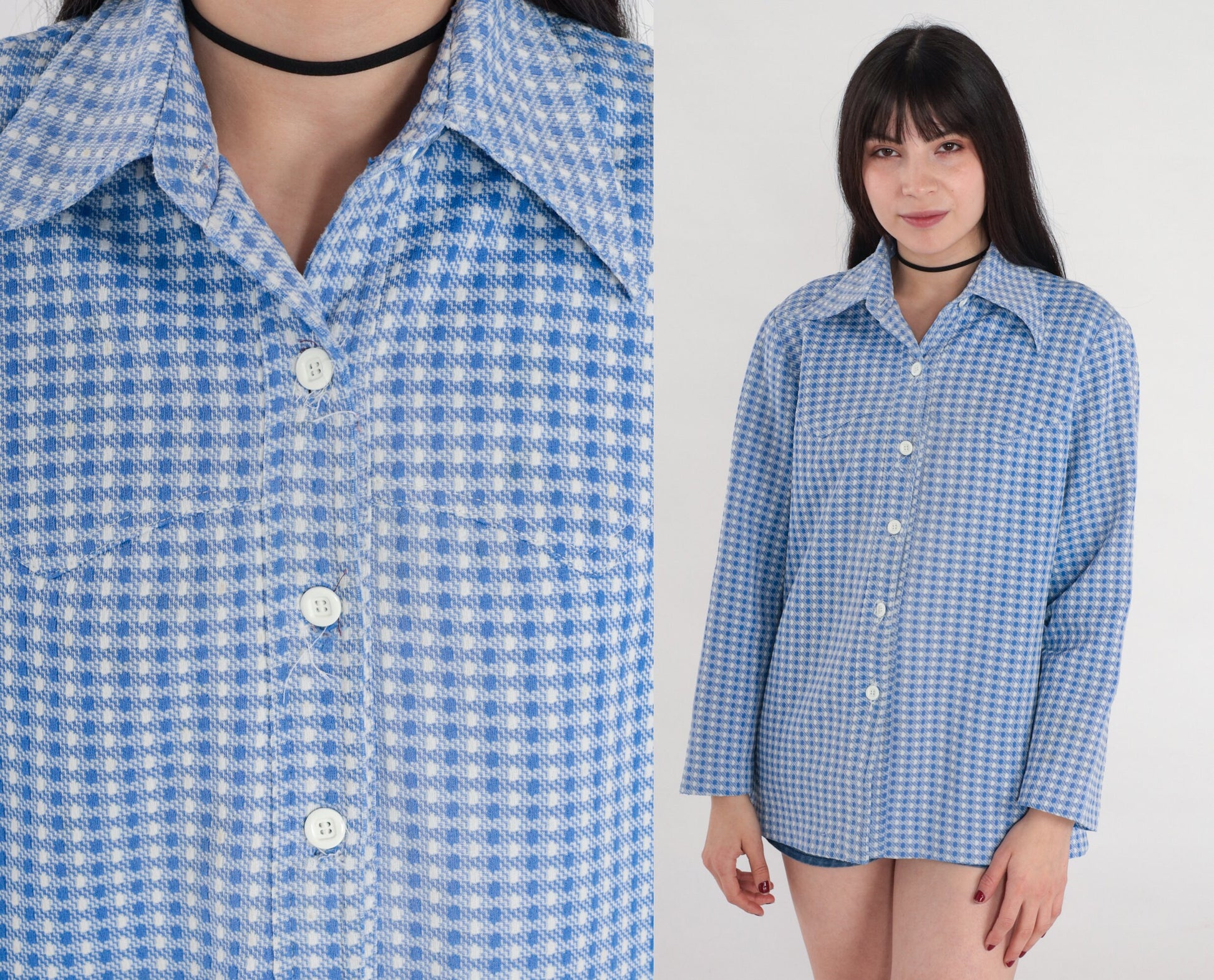 70s Western Shirt Blue Checkered Button-Up Blouse Long Sleeve Medium Large