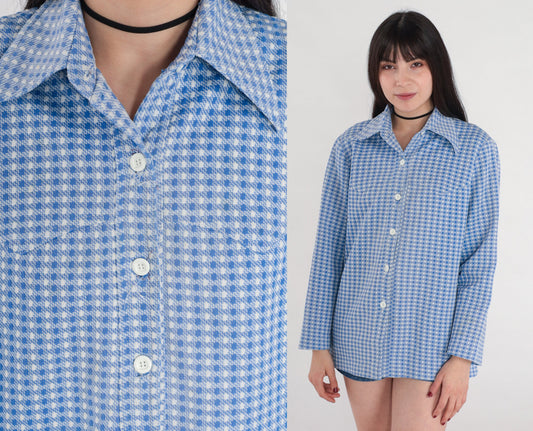 70s Western Shirt Blue Checkered Button-Up Blouse Long Sleeve Medium Large