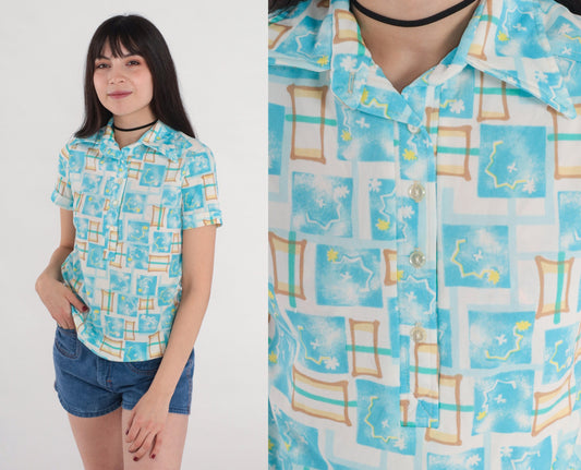 70s Checkered Abstract Print Shirt Pointed Collar White Blue Polo Small